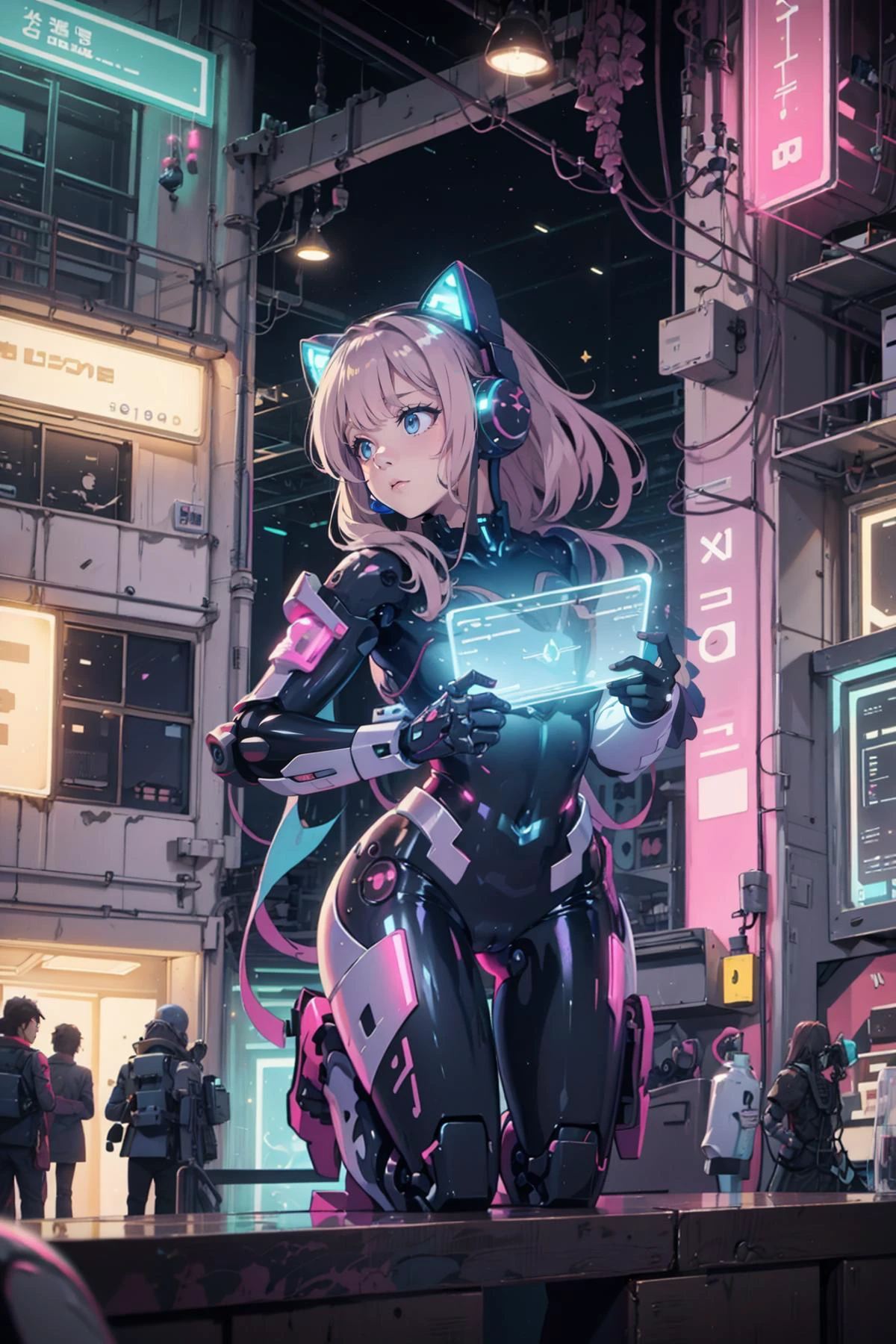 Masterpiece, best quality, AS-Adult, Maria, beautiful, <lora:MariaV2:.6> incrsheadphones, wearing, CatEarHeadphones, cyber_glasses, glowing, <lora:HeadphonesWithCatearsV2:.9> <lora:cyber_glasses-07:0.8> holographic background, <lora:mecha_offset:0.8> mecha musume, robot, mecha, bodysuit, fortified suit, mechanical parts, robot joints, <lora:KawaiiTech-20:0.8> kawaiitech, pastel colors, kawaii, cute colors, scifi, cityscape, skyline, buildings, lights, closed mouth,