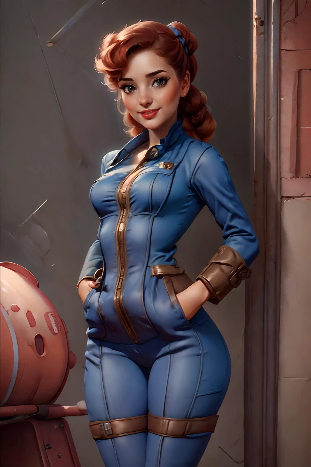 1girl, woman, (sus@ncoff3y:1.3), ((skin tight, vaultsuit, pipboy3000)), ((pigtails, twin braids:1.3)), (sexy babe:1.4), (thigh gap:1.4), (petite body:1.3), (skinny, thin), (skinny legs:1.3), (thin thighs:1.3), (narrow hips), (narrow waist), (cleavage), (round ass), ((grin, parted lips, confident, sassy, seductive, desire, love, presenting, flirting)), ((Standing with hands in pockets):1.5), BREAK, detailed face, SkinDetail, OverallDetail, (beautypinupart, fallout, pinup), backlighting, masterpiece, best quality, sharp focus, crystal clear, ultra-detailed, intricate-details, cinematic-lighting, breathtaking, 8k, AS-YoungV2 <lora:add_sharpness:0.5> <lora:add_detail:0.8> <lora:SusanV2:1> <lora:vaultsuit:0.45> <lora:PinupManiaV1:0.6> <lora:fallout_SD:1> <lora:pinup_v3.0:1> <lora:breastsizeslideroffset:0.2>