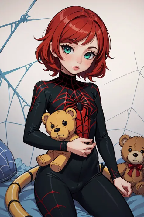 (masterpiece, best quality), intricate details,
1girl, <lora:annielol:1> annielol, annie \(league of legends\), AS-Youngest, (stuffed animal, teddy bear), red hair, green eyes, petite,
<lora:attire_spider-man:0.8> spider suit, spider web print, spider web,