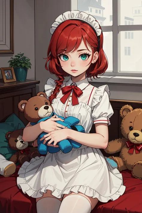 (masterpiece, best quality),  intricate details,
1girl,   <lora:annielol:1> annielol, annie \(league of legends\),  AS-Youngest, (stuffed animal, teddy bear), red hair,  petite, green eyes,
 <lora:sovietForm:0.8> sovietForm, maid uniform,