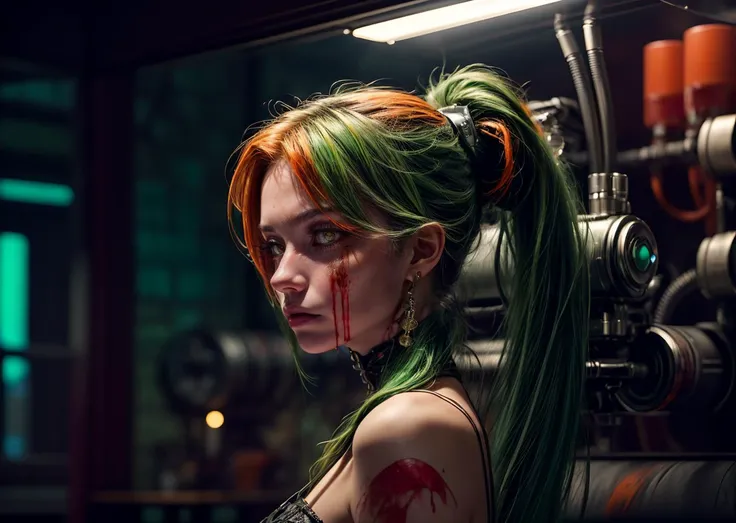 AS-MidAged, SFW, 1girl, medium-angle full length picture of a gorgeous ((((Absurdly Long Hair, Short Ponytail, Split-color Hair, Light Green Hair, Orange Hair)))) [1Girl, Mature female, Adult:Aubrey Plaza:0.65], with (skinny) , Twinset, Culottes, , ((round eyes)) (((red eyes))), makeup, cat eyelashes, tall body, tattoo on her right calf, (((From Side, Looking At Viewer, Disgust, Narrowed eyes, Powerplant))), (((blood vessels connected to tubes))),(mechanical vertebra attaching to back),(((mechanical cervical attaching to neck))),(wires and cables attaching to neck:1.2)(((mechanical arm with tubes))), bright cinematic rim lighting, studio lighting, volumetric lighting, ((portrait photography by O. Winston Link using a Sony a7 IV Mirrorless Camera)), sharp focus, dynamic angle, finely detailed skin, eyelines, Instagram most viewed, official wallpaper, ((ultra-photorealistic)), bright vivid colors, ((supermodel)), red blood tubes connected to arm, <lora:more_details:1><lora:LowRA:0.7>,  <lora:GoodHands-beta2:1> <lora:reelmech1v2:0.8>