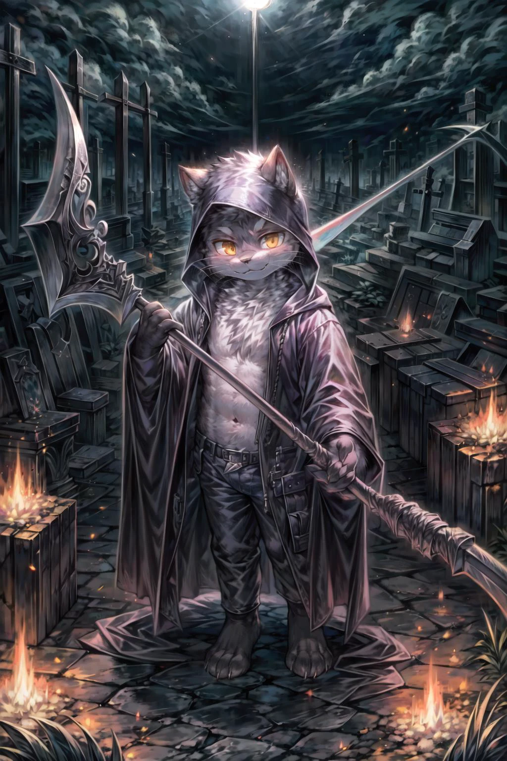 masterpiece, best quality, intricate details, professional illustration, anthro, furry, (whiskers:1.1), solo boy, grim reaper, black robe, scythe, evil smirk, graveyard, night, AS-YoungestV2 <lora:add_detail:0.5> <lora:more_details:0.5>