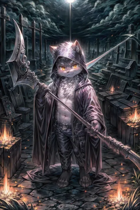 masterpiece, best quality, intricate details, professional illustration, anthro, furry, (whiskers:1.1), solo child boy, grim reaper, black robe, scythe, evil smirk, graveyard, night, AS-YoungestV2 <lora:add_detail:0.5> <lora:more_details:0.5>