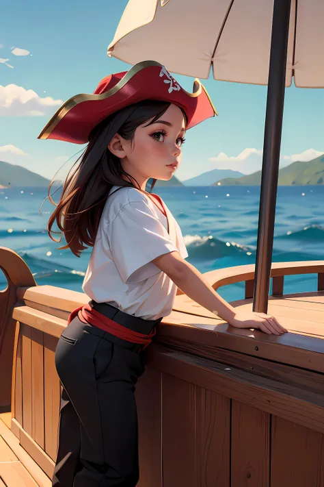 (AS-YoungerV2:1.3) pixar style render, pirate girl, medieval era, from the side, leaning on ship balcony, butt focus, silk shoulder sash, v-neck pirate shirt, silk pants, pirate hat, distinct features, wooden boat, in middle of ocean, flat colors, 4k, professional, award-winning, highly detailed, volumetric, freckles,