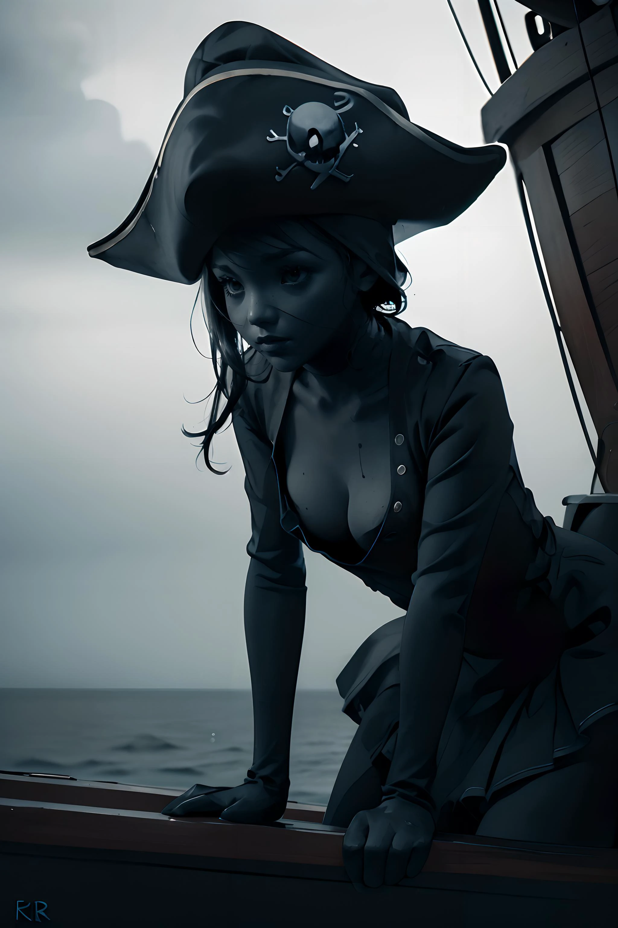 cinematic still, (AS-YoungerV2:1.3) pirate girl, pirate hat, lighting, storm, raining, (close up:1.3), (leaning forward:1.4), (downblouse:1.3), on ship, at sea, (outdoors:1.1), ultra realistic, monochromatic, eerie, unsettling, dark, spooky, suspenseful, grim <lora:jah:0.8>