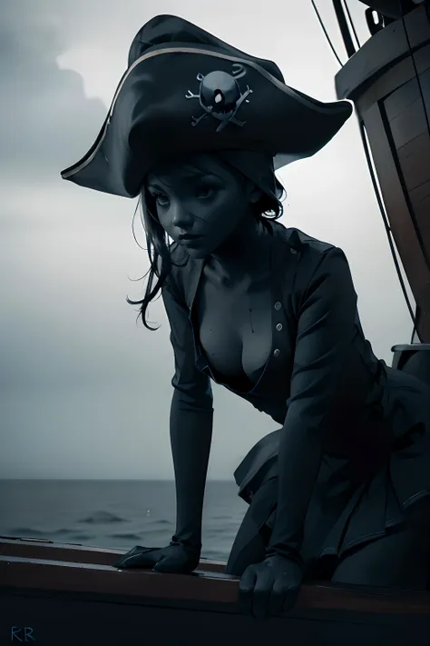 cinematic still,  (AS-YoungerV2:1.3) pirate girl, pirate hat, lighting, storm, raining, (close up:1.3), (leaning forward:1.4), (downblouse:1.3), on ship, at sea, (outdoors:1.1), ultra realistic, monochromatic, eerie, unsettling, dark, spooky, suspenseful, grim <lora:jah:0.8>