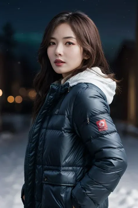 masterpiece, best quality, ultra-detailed, ultra high res, (photorealistic:1.4), raw photo, (realistic:0.2), CG, {4k|8k} HDR, perfect lighting, 1girl, solo, looking at viewer, (winter clothes, padded jacket), outdoor, (snow, snowflakes), night, aurora sky, upper body, asymmetrical wavy long hair, (detailed oily skin, medium breasts:0.8), (detailed background :1.1), hands in pocket,