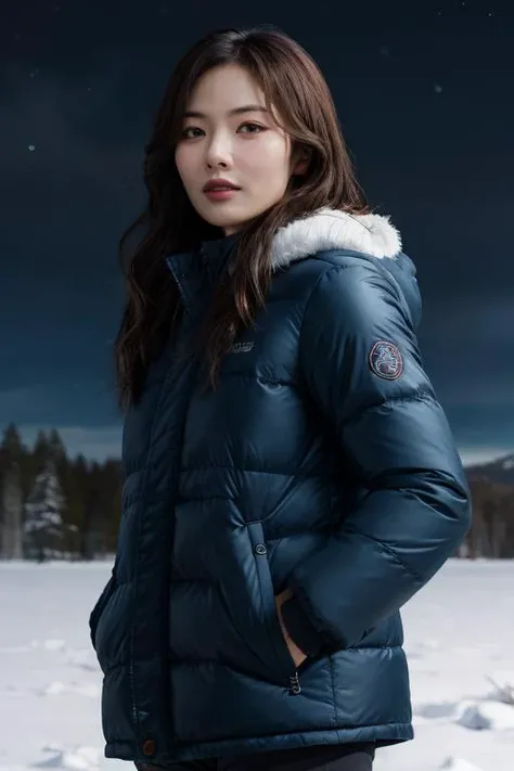 masterpiece, best quality, ultra-detailed, ultra high res, (photorealistic:1.4), raw photo, (realistic:0.2), CG, {4k|8k} HDR, perfect lighting, 1girl, solo, looking at viewer, (winter clothes, padded jacket), outdoor, (snow, snowflakes), night, aurora sky, upper body, asymmetrical wavy long hair, (detailed oily skin, medium breasts:0.8), (detailed background :1.1), hands in pocket,