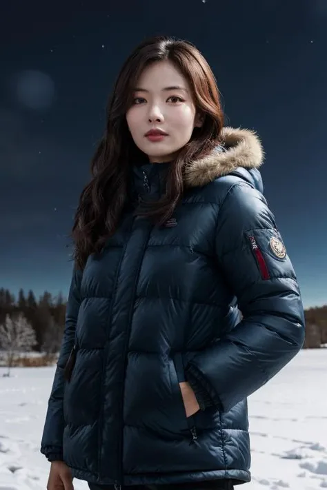 masterpiece, best quality, ultra-detailed, ultra high res, (photorealistic:1.4), raw photo, (realistic:0.2), CG, {4k|8k} HDR, perfect lighting, 1girl, solo, looking at viewer, (winter clothes, padded jacket), outdoor, (snow, snowflakes), night, aurora sky, upper body, asymmetrical wavy long hair, (detailed oily skin, medium breasts:0.8), (detailed background :1.1), hands in pocket, mole under eye,