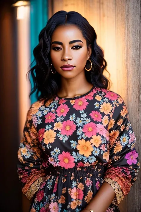 A stunning intricate full color portrait of a beautiful black woman wearing a floral pullover, at night, having fun, epic character composition,by ilya kuvshinov, alessio albi, nina masic,sharp focus, natural lighting, subsurface scattering, f2, 35mm, film grain , portait, closeup, very detailed skin texture <lora:JuliaChanel:1>
