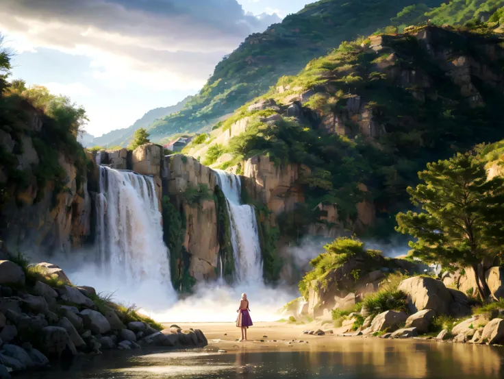 Medieval woman in an elastic dress with a white hair band, anime style, wide shot with a background waterfall, detailed digital painting, fantasy, atmospheric lighting, character design by Sakimichan and Artgerm, artstation, high resolution, perfecteyes