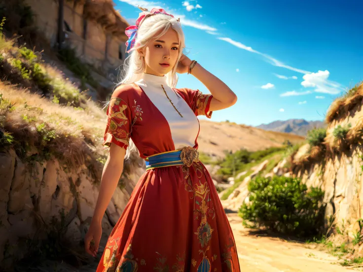 Medieval woman in an elastic dress with a white hair band, anime style, wide shot, detailed shading, vibrant colors, character design by Sakimichan and Artgerm, 4k resolution, fantasy setting, cinematic lighting, dynamic pose, colorful, perfecteyes
