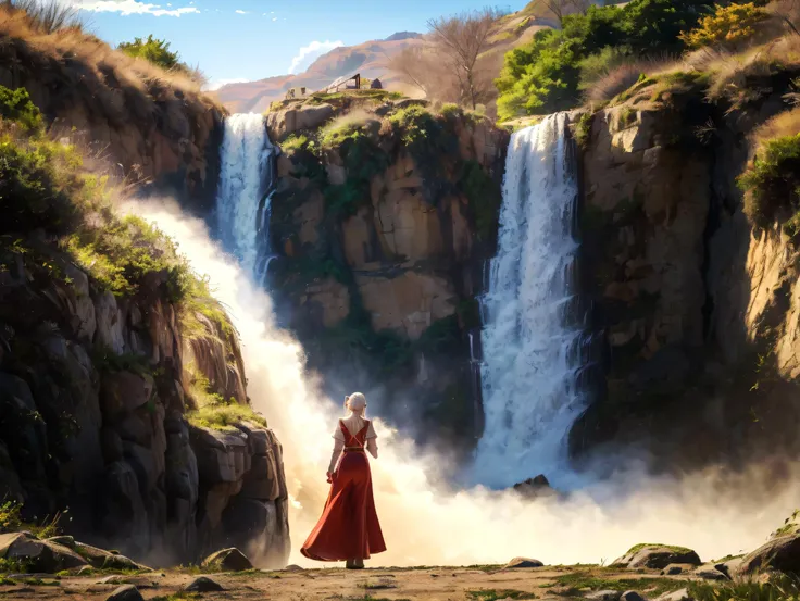 Medieval woman in an elastic dress with a white hair band, anime style, wide shot with a background waterfall, detailed digital painting, fantasy, atmospheric lighting, character design by Sakimichan and Artgerm, artstation, high resolution, perfecteyes