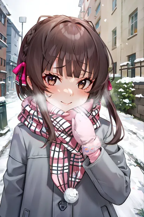 (masterpiece, best quality:1.4), (ultra-detailed:1.2), {illustration,picturesque}, {studio light, picturesque}, [best shadow],
(KonishiCSA:1.2)_(KujouCSA:1.05), (AlphaCDE:1.3)_(GammaCDE:1.15),
BREAK
(perfect anatomy), (symmetric eyes, ultra-detailed eyes, beautiful eyes), (sharp eyeliner, ultra-detailed face, beautiful face), (brown eyes),
BREAK
nice hands, perfect hands, hand by Guido Daniele,
BREAK
1girl, solo,
BREAK
UkuruKC, (Ukuru) coat, (grey) coat, (pink) hair ribbon, (plaid) scarf, (pink) mittens, (white) pantyhose, (black) mary janes, (long sleeves) coat, (winter) clothes, (Ukuru) scarf, (pink) scarf, (Casual) hair ribbon
BREAK
looking at viewer, oblique portrait, upper body shot, smile, shy, blush, (outdoor, street, city, snow),
BREAK
<lyco:hands:1.0>, <lora:CSA-v0.2:0.55>, <lora:CDE:0.7>, <lora:Ukuru-10:1>