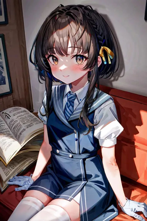 (masterpiece, best quality, illustration, delicate details, 8K:1.2), (studio light, best shadow, picturesque),
BREAK, (sharp eyeliner, (symmetric eyes, perfect eyes, detailed eyes), finely detailed beautiful face, perfect anatomy),
BREAK, nice hands, perfect hands, hand by Guido Daniele,
BREAK, 1girl, solo,
BREAK, UkuruKC, (blue) dress, (white) short sleeves shirt, (grey) sailor collar, (white and blue) diagonal-striped necktie, ((white) thighhighs:1.3), (white) gloves, brown eyes,
BREAK, cowboy shot, looking at viewer, (sitting, sofa, indoor, office), gentle smile,
BREAK, <lora:add_detail:0.6>, <lora:eyes:0.5>, <lyco:hands:1>, <lora:Ukuru-08:1>