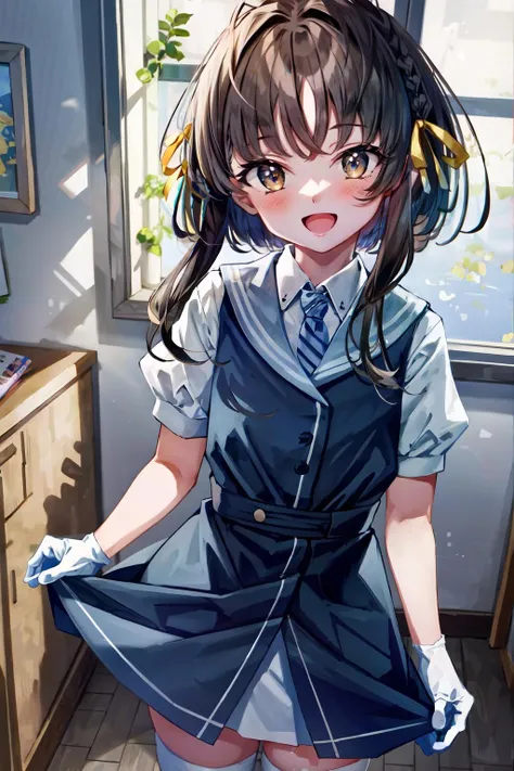 (masterpiece, best quality, illustration, delicate details, 8K:1.2), (studio light, best shadow, picturesque),
BREAK, (sharp eyeliner, (symmetric eyes, perfect eyes, detailed eyes), finely detailed beautiful face, perfect anatomy),
BREAK, nice hands, perfect hands, hand by Guido Daniele,
BREAK, 1girl, solo,
BREAK, UkuruKC, (blue) dress, (white) short sleeves shirt, (grey) sailor collar, (white and blue) diagonal-striped necktie, ((white) thighhighs:1.3), (white) gloves, brown eyes,
BREAK, cowboy shot, looking at viewer, (indoor, office), open mouth, smile,
BREAK, <lora:add_detail:0.6>, <lora:eyes:0.5>, <lyco:hands:1>, <lora:Ukuru-08:1>