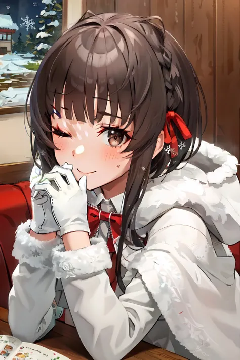 (masterpiece, best quality:1.4), (ultra-detailed:1.2), {illustration,picturesque}, {studio light, picturesque}, [best shadow],
(KonishiCSA:1.2)_(KujouCSA:1.05), (AlphaCDE:1.3)_(GammaCDE:1.15),
BREAK
(perfect anatomy), (symmetric eyes, ultra-detailed eyes, beautiful eyes), (sharp eyeliner, ultra-detailed face, beautiful face), (brown eyes),
BREAK
nice hands, perfect hands, hand by Guido Daniele,
BREAK
1girl, solo,
BREAK
UkuruKC, (Ukuru) Christmas dress, (white) dress, (red) hair ribbon, (red) ribbon bowtie, (white) capelet, (white) mittens, (white) thighhighs, (grey) boots, (fur-trimmed) dress, (fur-trimmed) capelet, (snowflake print) dress, (hooded) capelet, (pom pom) dress, (bell) ornament, 
BREAK
looking at viewer, oblique portrait, upper body shot, smile, blush, (indoor, office, living room), (face focus), (one eye closed), sitting, sofa
BREAK
<lyco:hands:1.0>, <lora:CSA-v0.2:0.55>, <lora:CDE:0.7>, <lora:Ukuru-10:1>