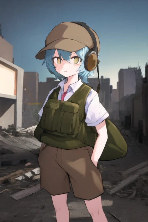 solo,
in collapsed city,outdoor,conflicts,Rubble,
detailed background,cinematic lighting,
 
 <lora:CRN_V10:1>,CRN,white eyes,round eyes,white pupils,blue hair,green vest,white shirt,brown short pants,earmuffs,brown cap