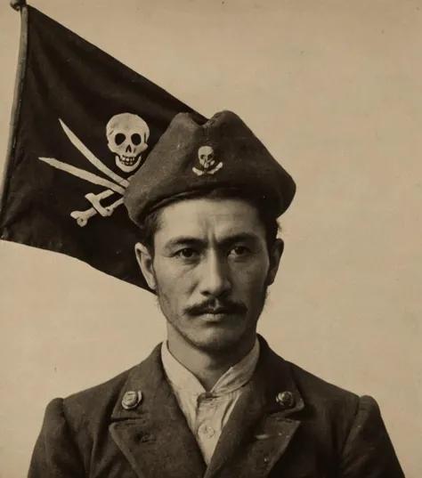 K4RL, photograph in style of karl blossfeldt, japanese war propaganda, (jolly roger flag background:1.4), mug shot of a japanese pilot