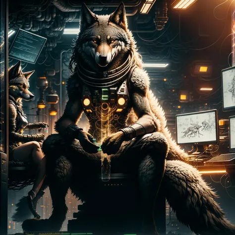 upper body, 1girl, (complex ultra detailed of a ((furry wolf)) woman), small breasts, muscles, (solo) (1girl), (beautifully drawn face:1.2), intricate details, glowing yellow eyes, evil smile, (long hair flipped hair:1.3), dynamic pose,  (dynamic pose sitting in vast complicated space station full of computers and wires and screens and machinery, user interface heads-up display, glass tube laboratory:1.3) english text train BREAK illustration, ((masterpiece:1.2, best quality)), 4k, ultra detailed, octane render, directional lighting, realistic shadows, volumetric lighting, highly detailed, high quality, solo, (sketch:1.2) dark studio, rim lighting, two tone lighting, dimly lit, low key, (nsfw), sweat,armpit, anthro
 <lora:mjfurry_:0.85>