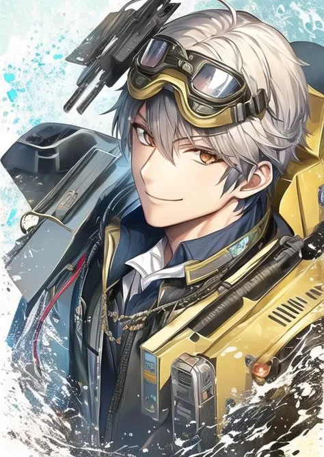 1boy, male focus, solo, looking at viewer, smile, military, camouflage, humanoid, goggles