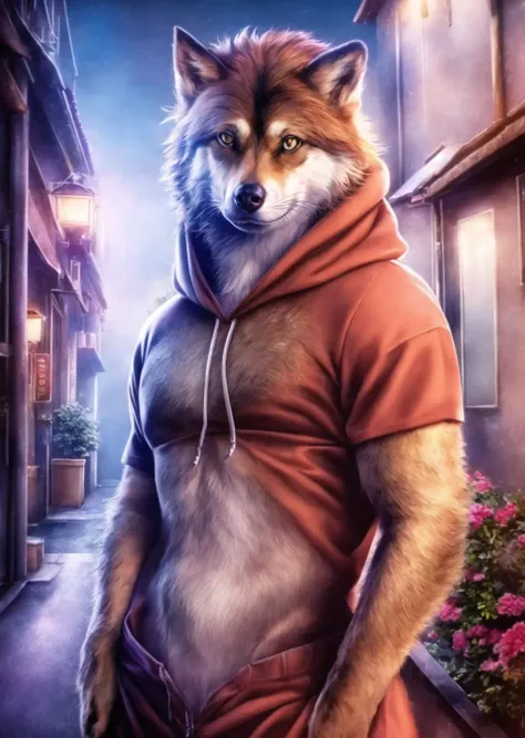 1boy, male focus, solo, hoodie, half body, furry, alley, dusk, fluffy fur on arms, (realistic, photo-realistic), (8k, RAW photo, best quality, masterpiece:1.2),(detailed outdoor lighting),(cinematic lighting), [detailed ambient light], [detailed face and eyes], [higher body and limbs detail], [realistic proportions]