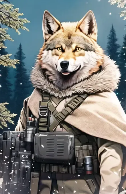 1boy, military, furry, camouflage, humanoid wolf, weapon, RAW photo, animal, 8k uhd, dslr, soft lighting, high quality, film grain, Fujifilm XT31