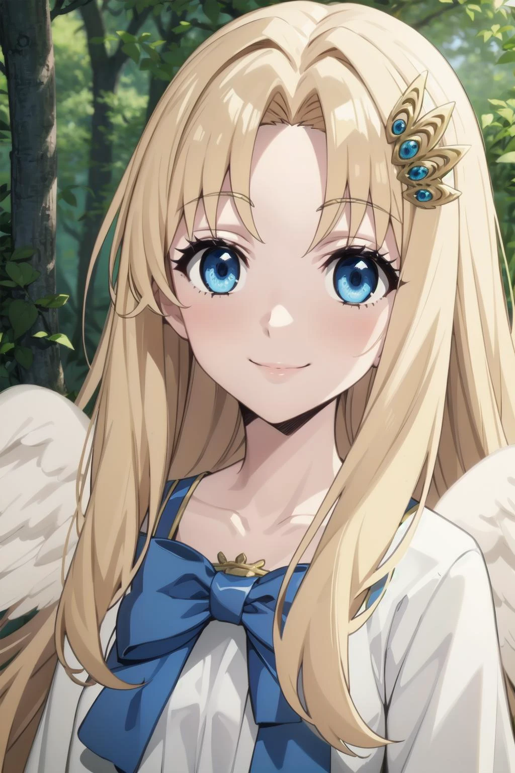 best quality, masterpiece, portrait, close up, upper body,
1girl, filo, blonde hair, ahoge, hair ornament, flat chest, bangs, long hair, angel wings, white dress, blue bow, outdoors, forest, smile, looking at viewer,
<lora:Kizuki - The Rising of the Shield Hero - Filo:0.9>