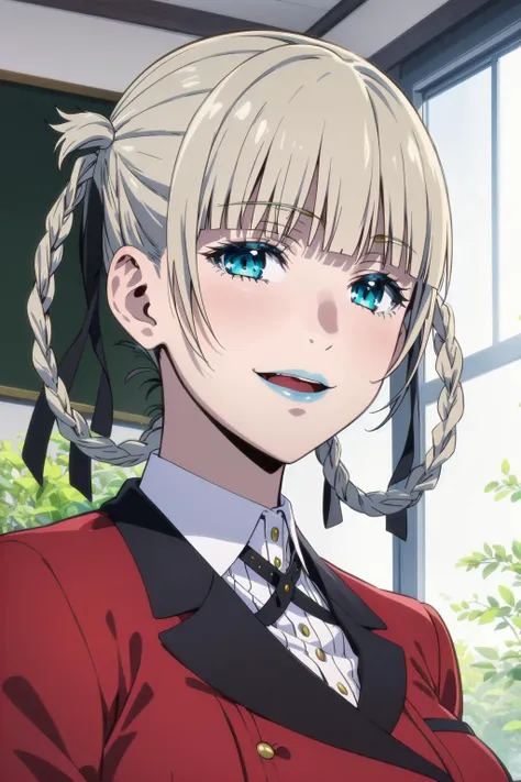 best quality, masterpiece, portrait, close up, upper body,
1girl, momobami kirari, hair_rings, braid, blunt bangs, blue eyes, school uniform, red jacket, indoors, classroom, smile, looking at viewer,
<lora:Kizuki - Kakegurui - Momobami Kirari:0.9>