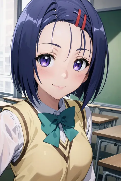 best quality, masterpiece, portrait, close up, upper body,
1girl, sairenji haruna, hairclip, blue hair, short hair, forehead, purple eyes, small breasts,  school uniform, plead skirt,
indoors, classroom,
looking at viewer, smile
<lora:Kizuki - To Love Ru - Sairenji Haruna:0.9>