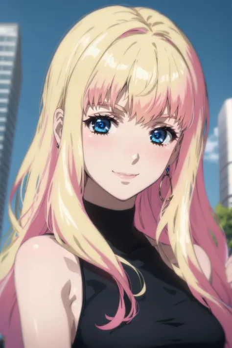 best quality, masterpiece, portrait, close up, upper body,
1girl, sherly nome, multicolored hair, blonde hair, pink hair, sleeveless, sweater, gradient hair long hair, medium breasts, blue eyes, mature woman,  outdoors, city, smile, looking at viewer,
<lora:Kizuki - Macross Frontier - Sheryl Nome:0.9>