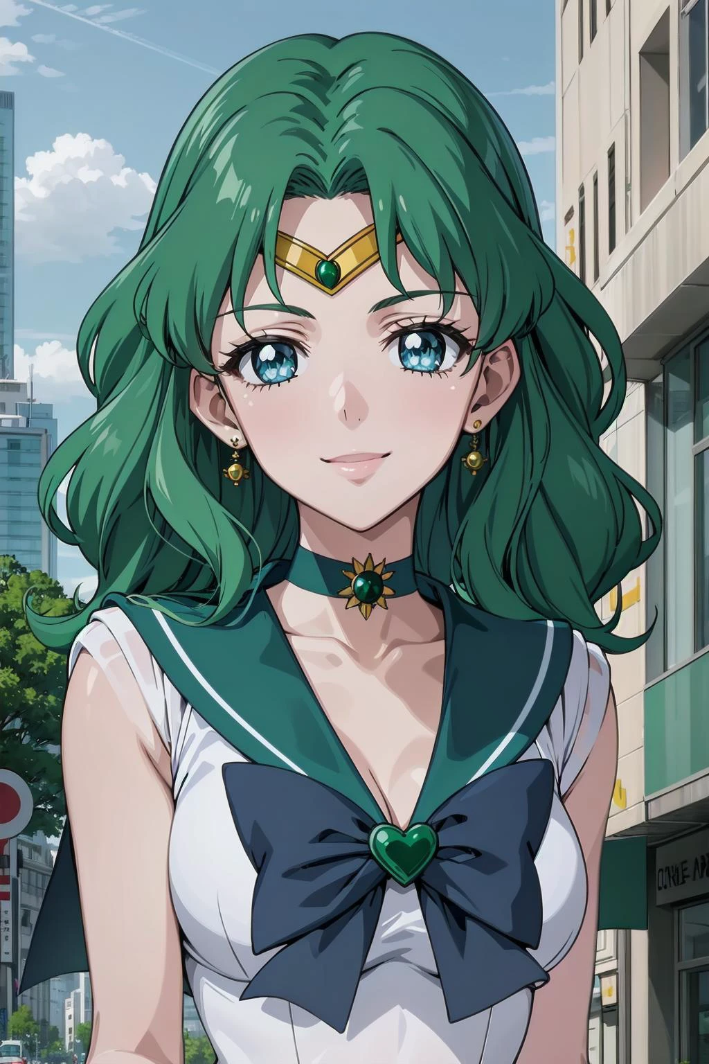 best quality, masterpiece, portrait, close up, upper body,
1girl, sailor neptune, mature woman, aqua eyes, dark green hair, medium hair, sailor senshi uniform, plead skirt, outdoors, city, smile, <lora:Kizuki - Sailor Moon - Sailor Neptune:0.9>