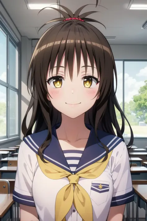 best quality, masterpiece, portrait, close up, upper body,
1girl, yuuki mikan, brown hair, yellow eyes, hair ornaments, long hair, topknot, wavy hair, small breasts, school uniform, indoors, classroom, smile, looking at viewer,
<lora:Kizuki - To Love Ru - Yuuki Mikan:0.9>