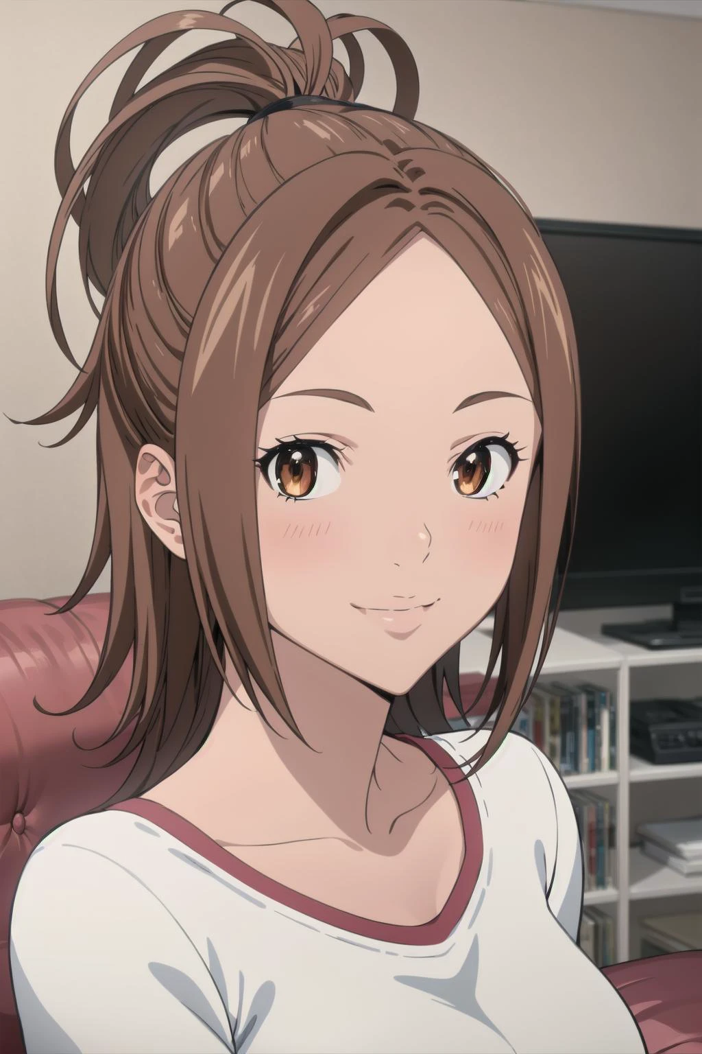 best quality, masterpiece, portrait, close up, upper body,
1girl, miyoshi kaya, light brown hair, high ponytail, large breasts, orange eyes, parted bang, forehead, white shirt, indoors, living room, smile, looking at viewer,
<lora:Kizuki - Bakuman - Miyoshi Kaya:0.9>
