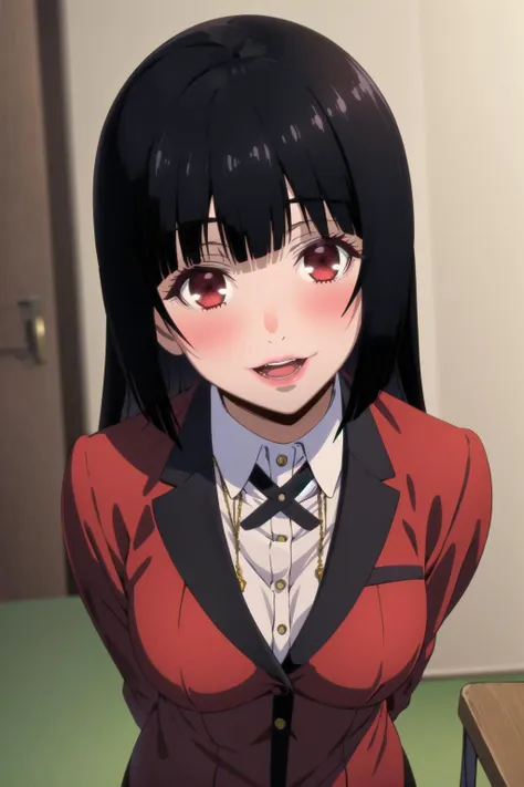 best quality, masterpiece, portrait, (close up:1.2), upper body, arms behind back, pov,
1girl, jabami yumeko, school uniform, blunt bangs, black hair, red jacket, indoors, classrooom, smile, looking at viewer,
<lora:Kizuki - Kakegurui - Jabami Yumeko:0.825>