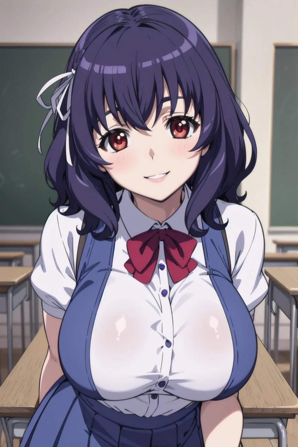 best quality, masterpiece, portrait, close up, upper body,
1girl,yamanobe tomo, purple hair, red eyes, medium hair, huge breasts, school uniform, blue skirt, white shirt, hair ribbon, indoors, classroom, smile, looking at viewer,
<lora:Kizuki - Seikon no Qwaser - Yamanobe Tomo:0.9>
