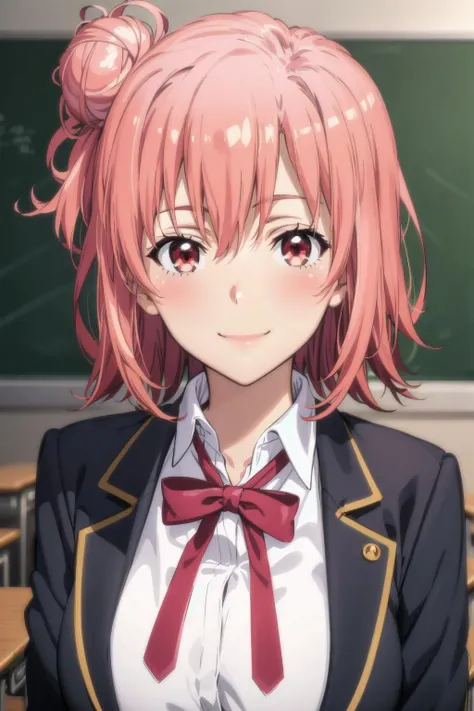 best quality, masterpiece, portrait, close up, upper body,
1girl, yuigahama yui, pink hair, brown eyes, short hair, single hair bun, medium breasts, school uniform, black jacket,
indoors, classroom,
looking at viewer, smile
<lora:Kizuki - OreGairu - Yuigahami Yui:0.90>