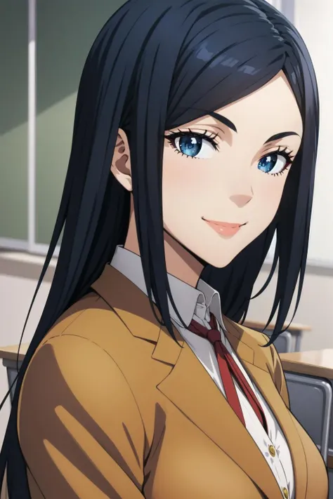 best quality, masterpiece, portrait, close up, upper body,
1girl, kurihara mari, black hair, dark blue eyes, long hair, school uniform, brown jacket, indoors, classroom, smile, looking at viewer,
<lora:Kizuki - Prison School - Kurihara Mari:0.9>