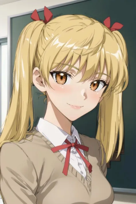 best quality, masterpiece, portrait, close up, upper body,
1girl,sawachika eri, twintails, long hair, blonde hair, medium breasts, brown eyes, hair ribbon, school uniform, indoors, classroom, smile, <lora:Kizuki - School Rumble - Sawachika Eri:0.9>