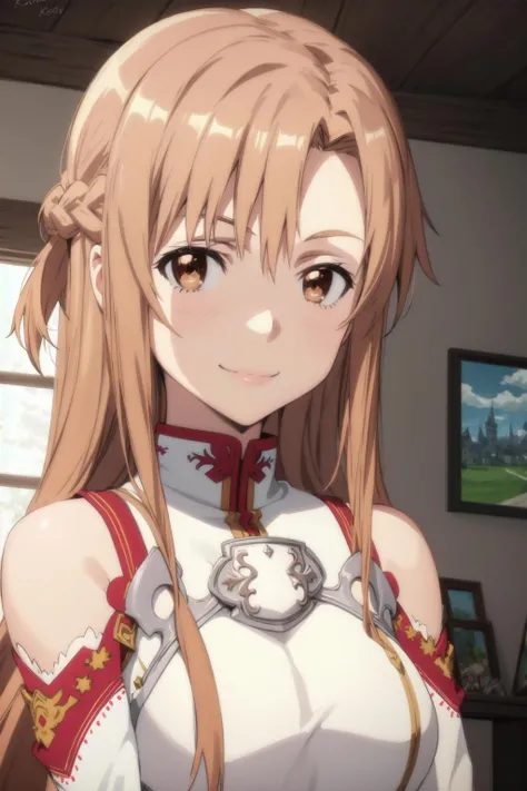 best quality, masterpiece, portrait, close up, upper body,
1girl, yuuki asuna, brown hair, brown eyes, medium breasts, long hair, braid, kotbo, white gloves, white uniform, white boots, red skirt, red straps, looking at viewer, indoors, castle, smile, <lora:Kizuki - Sword Art Online - Yuuki Asuna ALT:0.9>