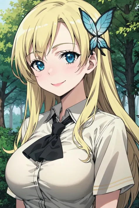 best quality, masterpiece, portrait, close up, upper body,
1girl, kashiwazaki sena, butterfly_hair_ornament, blonde_hair, long hair, school uniform, large breasts,
outdoors, forest,
looking at viewer, smile,
<lora:Kizuki - Haganai - Kashiwazaki Sena:0.9>