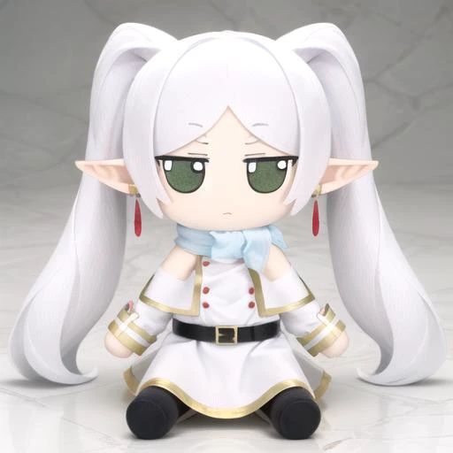 <lora:fumo-v1.0:0.80> fumo \(doll\), jitome,  <lora:frieren_v1:0.8> green eyes,  aafrie, long hair, white hair, twintails, pointy ears, earrings, thick eyebrows, white capelet, striped shirt, long sleeves, belt, white skirt, black pantyhose, aafrie, long hair, white hair, pointy ears, thick eyebrows, collarbone, bare shoulders, white dress, sleeveless dress, aafrie, long hair, white hair, twintails, pointy ears, earrings, thick eyebrows, blue scarf, white coat, double-breasted, buttons, black pantyhose