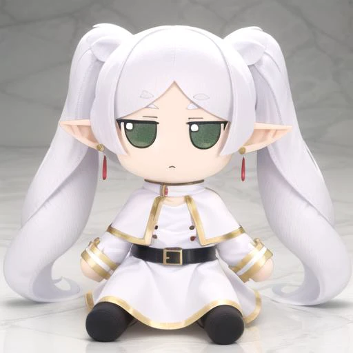 <lora:fumo-v1.0:0.80> fumo \(doll\), jitome, <lora:frieren_v1:0.8> green eyes, aafrie, long hair, white hair, twintails, pointy ears, earrings, thick eyebrows, white capelet, striped shirt, long sleeves, belt, white skirt, black pantyhose, aafrie, long hair, white hair, pointy ears, thick eyebrows, collarbone, bare shoulders, white dress, sleeveless dress, aafrie, long hair, white hair, twintails, pointy ears, earrings, thick eyebrows, blue scarf, white coat, double-breasted, buttons, black pantyhose