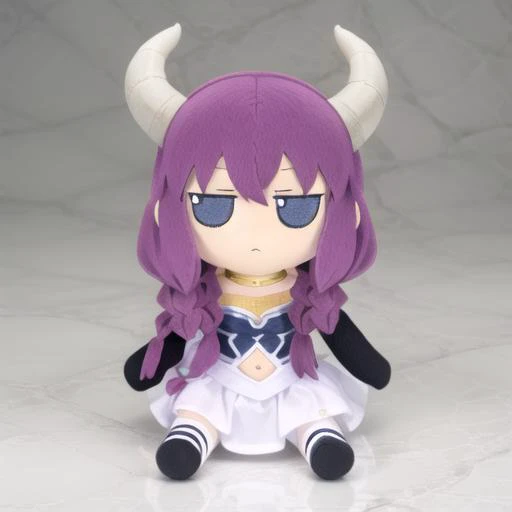 <lora:fumo-v1.0:0.80> fumo \(doll\), jitome, <lora:aura_(sousou_no_frieren)_v1:0.8> aaaura, blue eyes, braid, twin braids, horns, choker, necklace, strapless dress, elbow gloves, black gloves, navel cutout, white skirt, black thighhighs