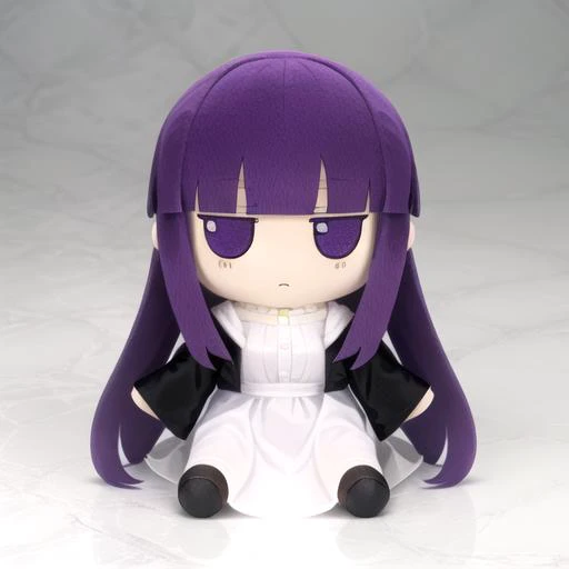 <lora:fumo-v1.0:0.80> fumo \(doll\), jitome,  <lora:fern_(sousou_no_frieren)_v1:0.8> aafern, purple eyes, long hair, purple hair, blunt bangs, large breasts, long dress, white dress, black robe, long sleeves, aafern, long hair, purple hair, blunt bangs, purple eyes, large breasts, long dress, white dress, white sleeves