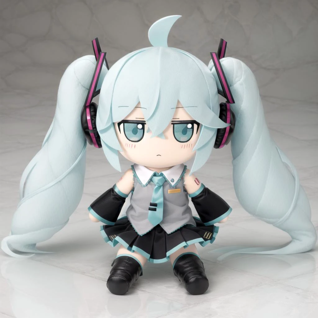 <lora:fumo-v1.0:0.8> fumo \(doll\), jitome, <lora:mikuhatsunetest:1> miku hatsune, ahoge, aqua eyes, aqua hair, crossed bangs, hair between eyes, hair ornament, headphones, long hair, twintails,aqua necktie, black footwear, black skirt, black sleeves, boots, collared shirt, detached sleeves, grey shirt, necktie, pleated skirt, shirt, skirt, sleeveless, sleeveless shirt, thigh boots, tie clip,