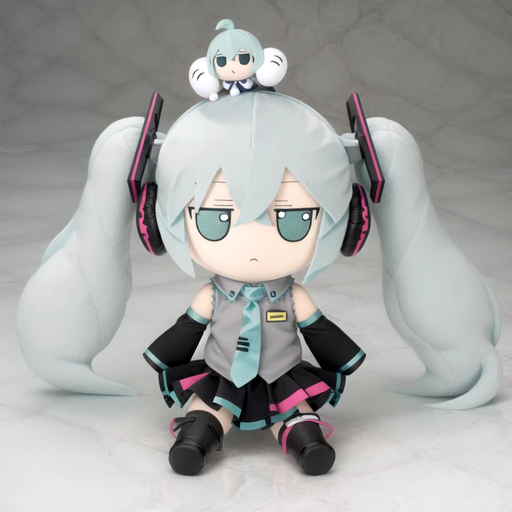 <lora:fumo-v1.0:1> fumo \(doll\), jitome,  <lora:mikuhatsunetest:1> miku hatsune, ahoge, aqua eyes, aqua hair, crossed bangs, hair between eyes, hair ornament, headphones, long hair, twintails,aqua necktie, black footwear, black skirt, black sleeves, boots, collared shirt, detached sleeves, grey shirt, necktie, pleated skirt, shirt, skirt, sleeveless, sleeveless shirt, thigh boots, tie clip,