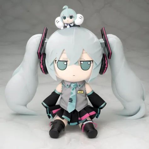 <lora:fumo-v1.0:1> fumo \(doll\), jitome,  <lora:mikuhatsunetest:1> miku hatsune, ahoge, aqua eyes, aqua hair, crossed bangs, hair between eyes, hair ornament, headphones, long hair, twintails,aqua necktie, black footwear, black skirt, black sleeves, boots, collared shirt, detached sleeves, grey shirt, necktie, pleated skirt, shirt, skirt, sleeveless, sleeveless shirt, thigh boots, tie clip,