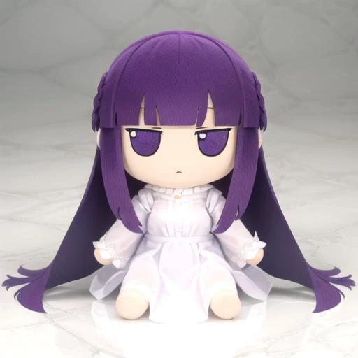 <lora:fumo-v1.0:0.80> fumo \(doll\), jitome,  <lora:fern_(sousou_no_frieren)_v1:0.8> aafern, purple eyes, long hair, purple hair, blunt bangs, large breasts, long dress, white dress, black robe, long sleeves, aafern, long hair, purple hair, blunt bangs, purple eyes, large breasts, long dress, white dress, white sleeves