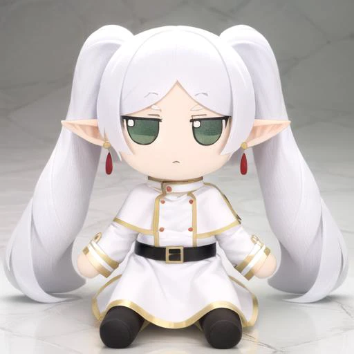<lora:fumo-v1.0:0.80> fumo \(doll\), jitome, <lora:frieren_v1:0.8> green eyes, aafrie, long hair, white hair, twintails, pointy ears, earrings, thick eyebrows, white capelet, striped shirt, long sleeves, belt, white skirt, black pantyhose, aafrie, long hair, white hair, pointy ears, thick eyebrows, collarbone, bare shoulders, white dress, sleeveless dress, aafrie, long hair, white hair, twintails, pointy ears, earrings, thick eyebrows, blue scarf, white coat, double-breasted, buttons, black pantyhose